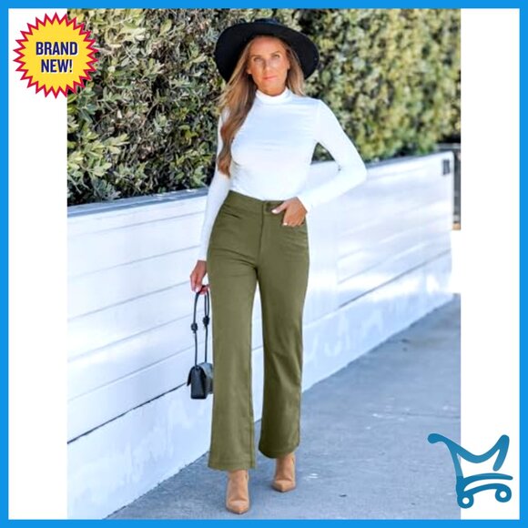 Corduroy Wide Leg Pants High Waisted Elastic Waist Work Casual Trousers - Picture 4 of 7